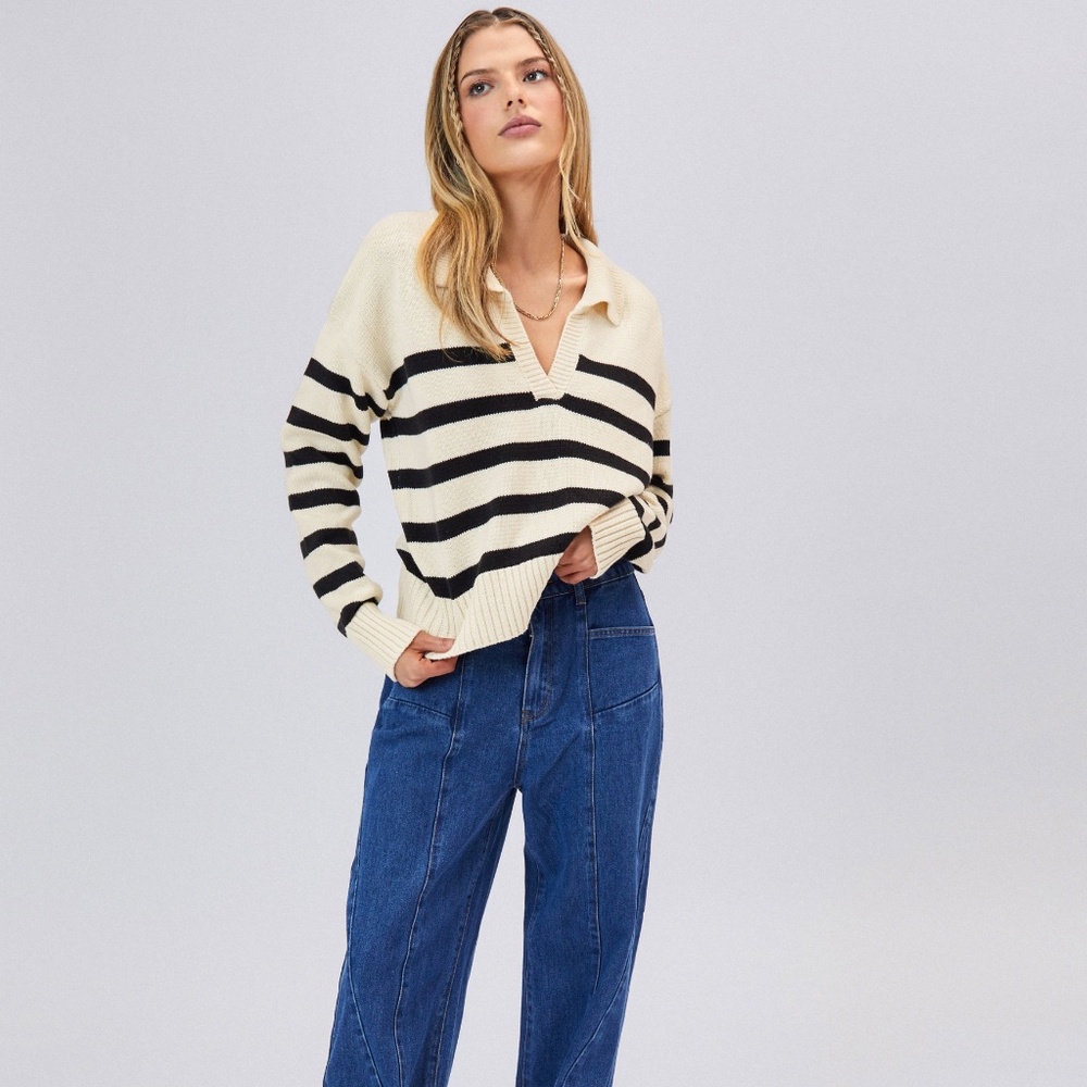 Cider Striped Collar Knit Polo Top